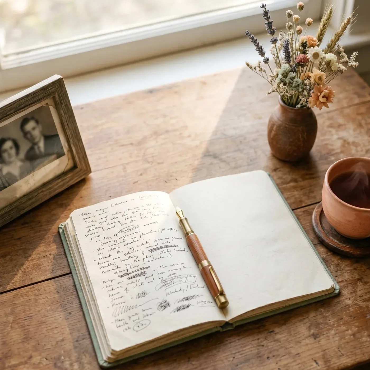 Open notebook, brass-nibbed pen, and a ceramic mug of tea on a warm wooden desk by a window